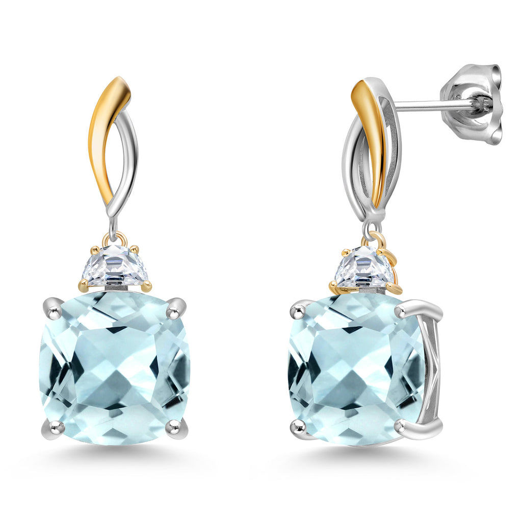 Created Aquamarine - March_Earrings in 925 Sterling Silver and 10K Yellow Gold