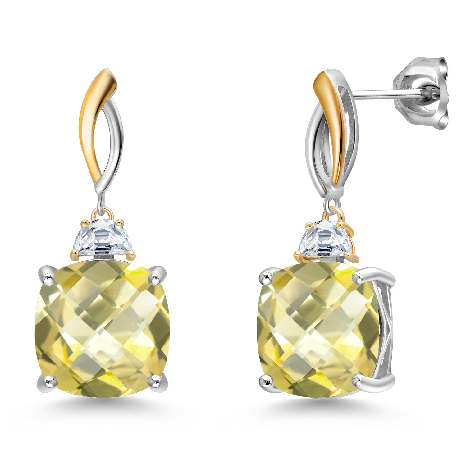 Lemon Quartz-Checkerboard_Earrings in 925 Sterling Silver and 10K Yellow Gold