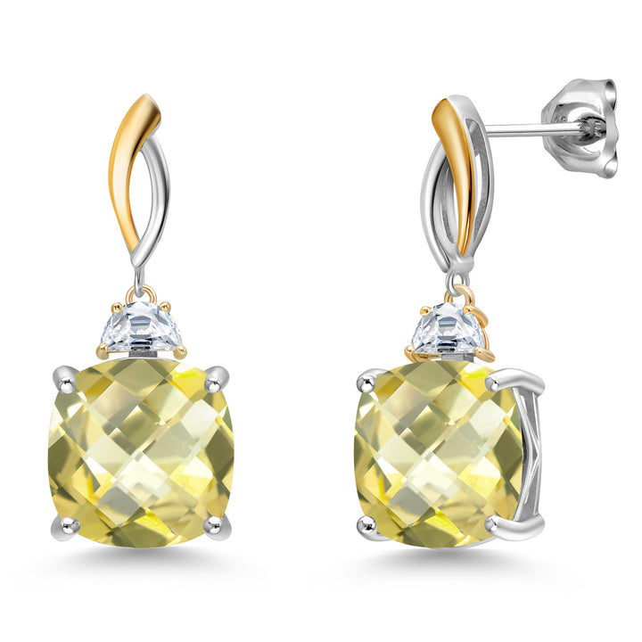 Lemon Quartz-Checkerboard_Earrings in 925 Sterling Silver and 10K Yellow Gold