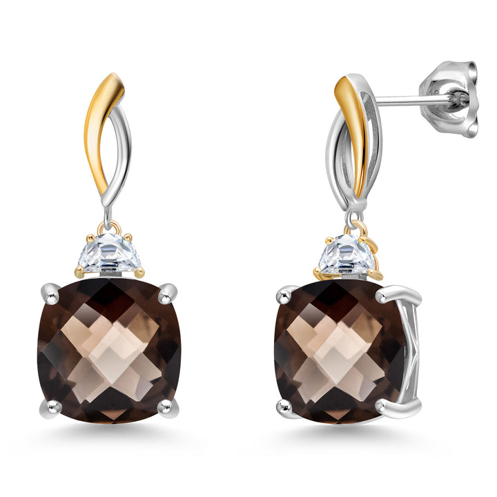 Smoky Quartz-Checkerboard_Earrings in 925 Sterling Silver and 10K Yellow Gold