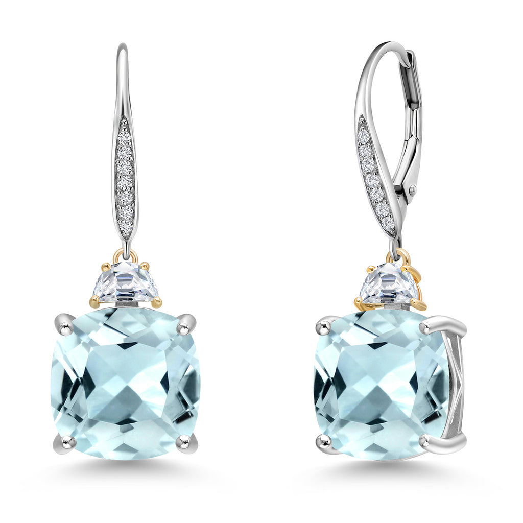 Created Aquamarine - March_Earrings in 925 Sterling Silver and 10K Yellow Gold