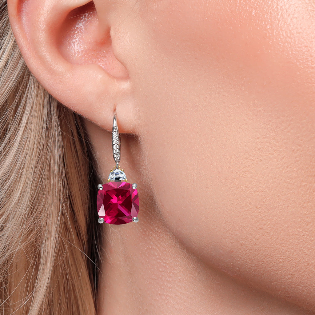 Created Ruby - July_Earrings in 925 Sterling Silver and 10K Yellow Gold