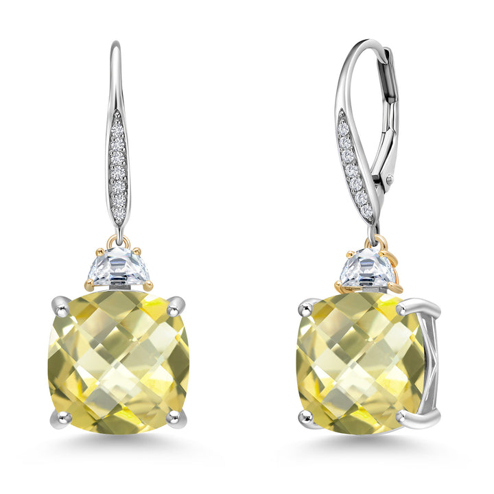 Lemon Quartz-Checkerboard_Earrings in 925 Sterling Silver and 10K Yellow Gold