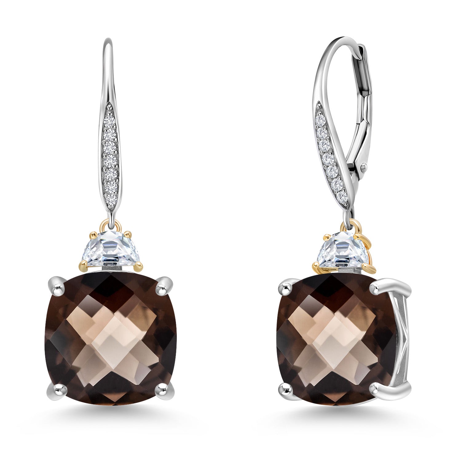 Smoky Quartz-Checkerboard_Earrings in 925 Sterling Silver and 10K Yellow Gold