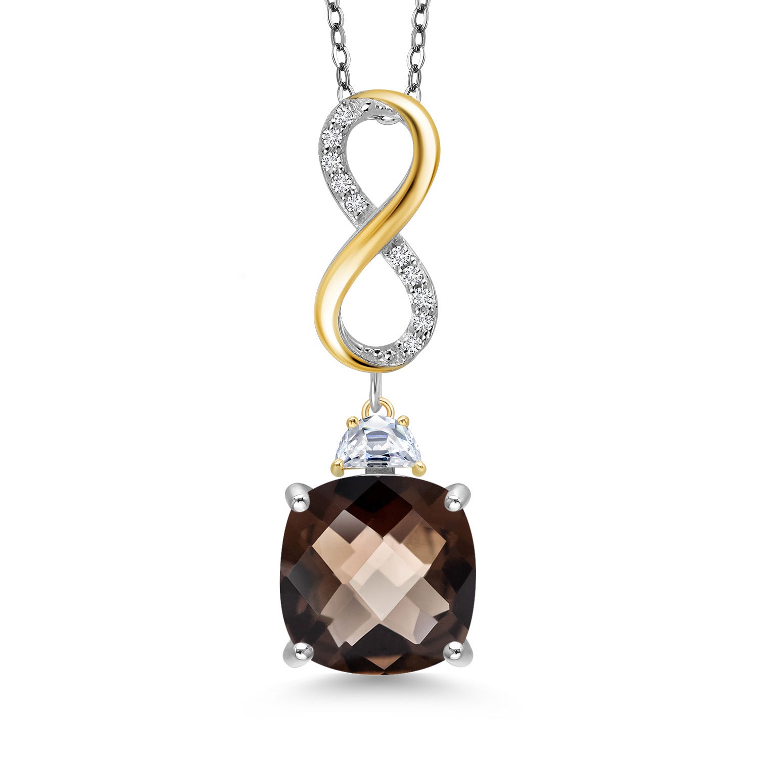 Smoky Quartz-Checkerboard_Pendant in 925 Sterling Silver and 10K Yellow Gold