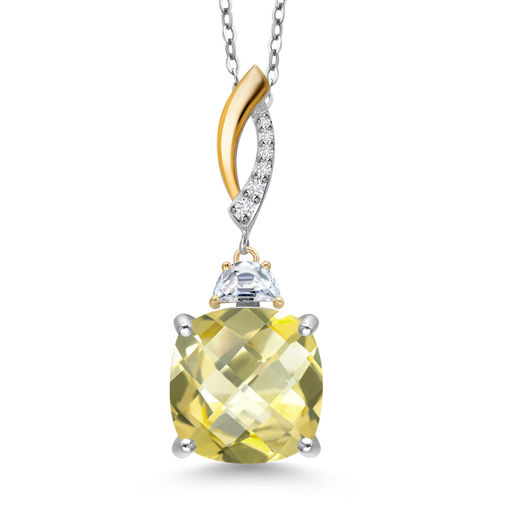 Lemon Quartz-Checkerboard_Pendant in 925 Sterling Silver and 10K Yellow Gold
