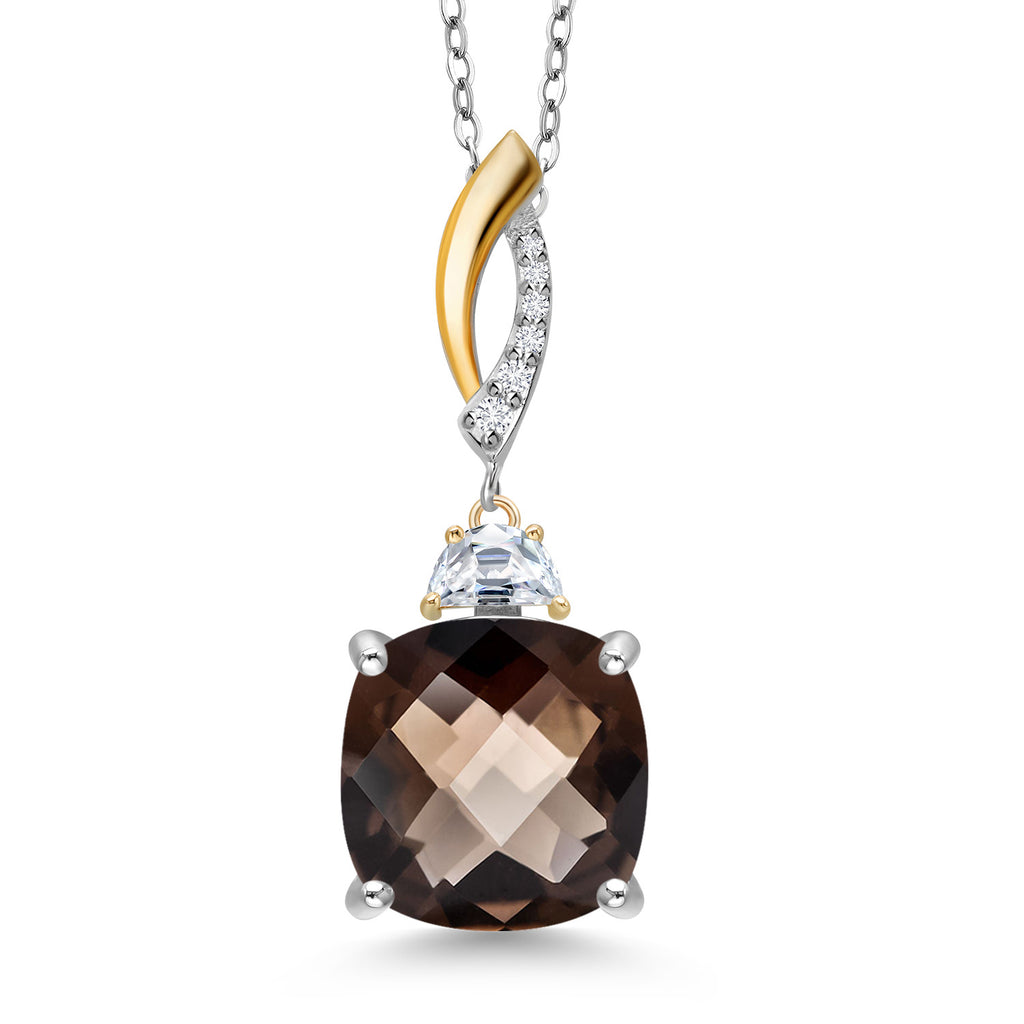 Smoky Quartz-Checkerboard_Pendant in 925 Sterling Silver and 10K Yellow Gold