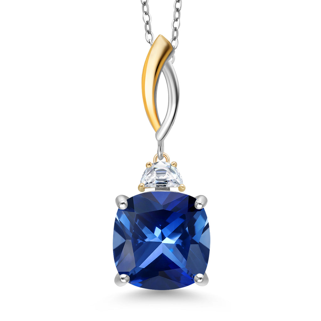 Blue Created Sapphire - September_Pendant in 925 Sterling Silver and 10K Yellow Gold