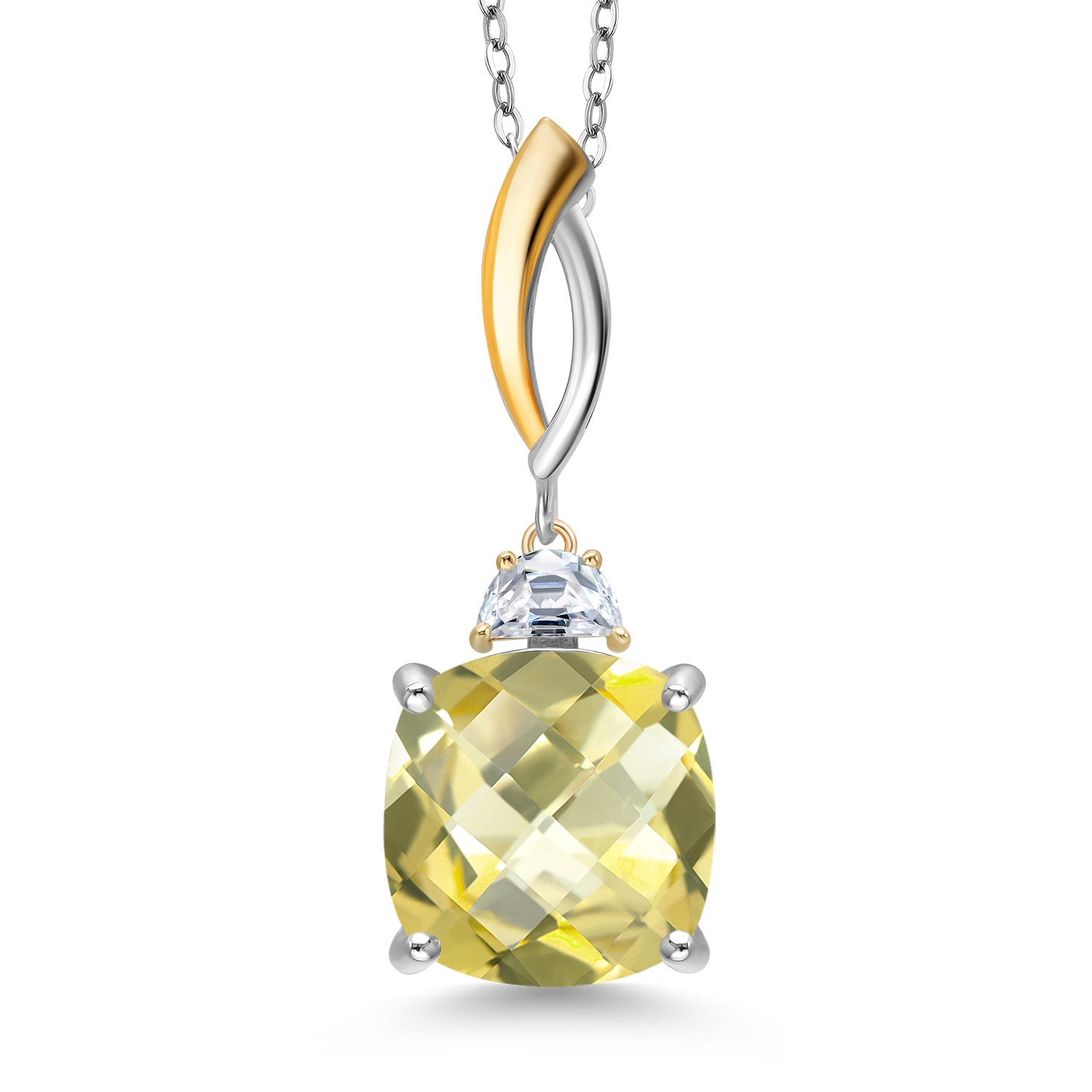Lemon Quartz-Checkerboard_Pendant in 925 Sterling Silver and 10K Yellow Gold