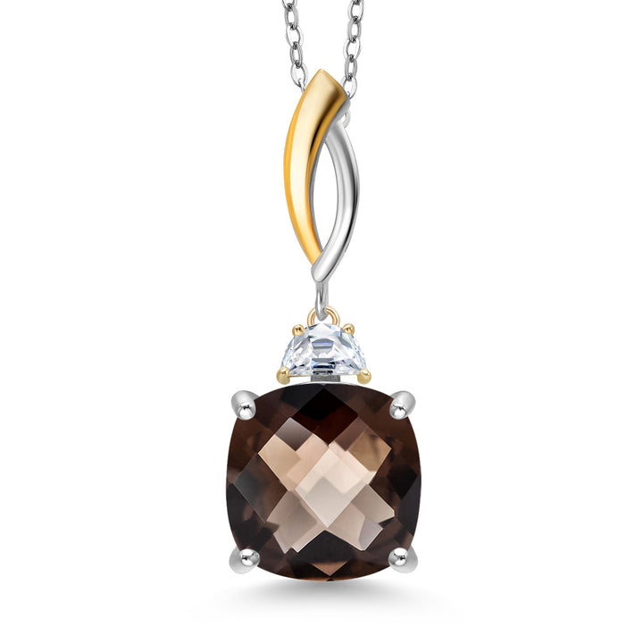 Smoky Quartz-Checkerboard_Pendant in 925 Sterling Silver and 10K Yellow Gold