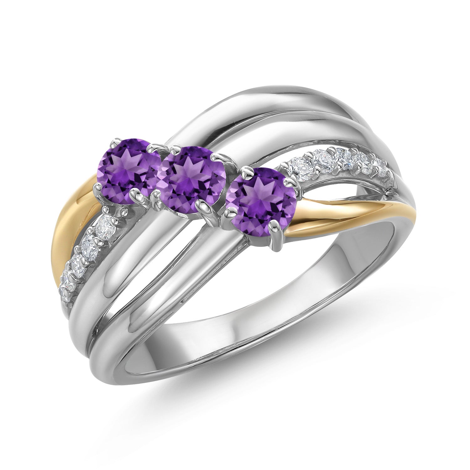 925 Silver and 10K Yellow Gold Purple Amethyst and Lab Grown Diamond Engagement Ring for Women | 0.90 Cttw | Round 4MM | Gemstone February Birthstone | Available in Size 5,6,7,8,9