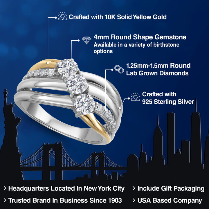 1.00 Cttw Lab Grown Diamond Engagement Ring In 925 Silver and 10K Yellow Gold | Round 4MM | Gemstone April Birthstone | E-F Color | VVS-VS Clarity | Available in Size 5,6,7,8,9