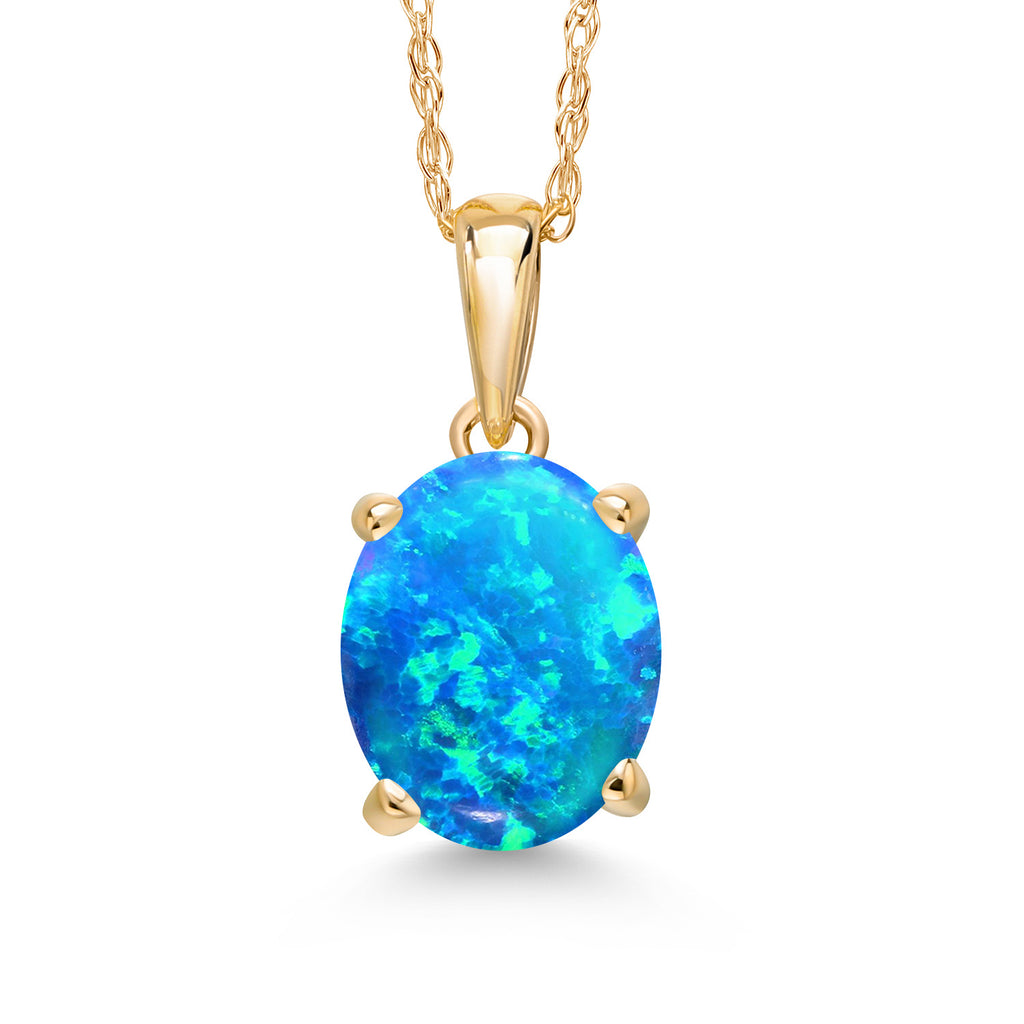 Blue Simulated Opal - October_Pendant in 14K Yellow Gold