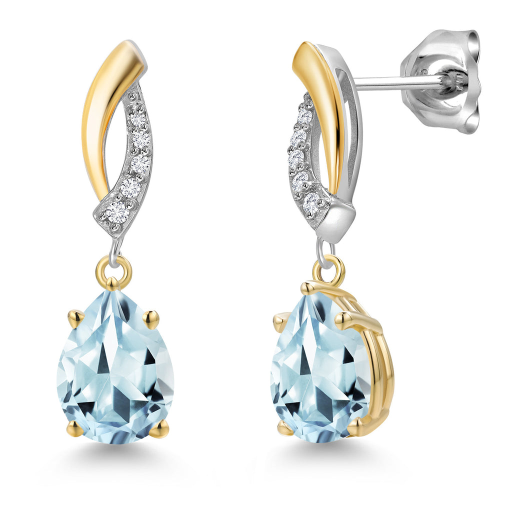 Aquamarine - March_Earrings in 925 Sterling Silver and 10K Yellow Gold