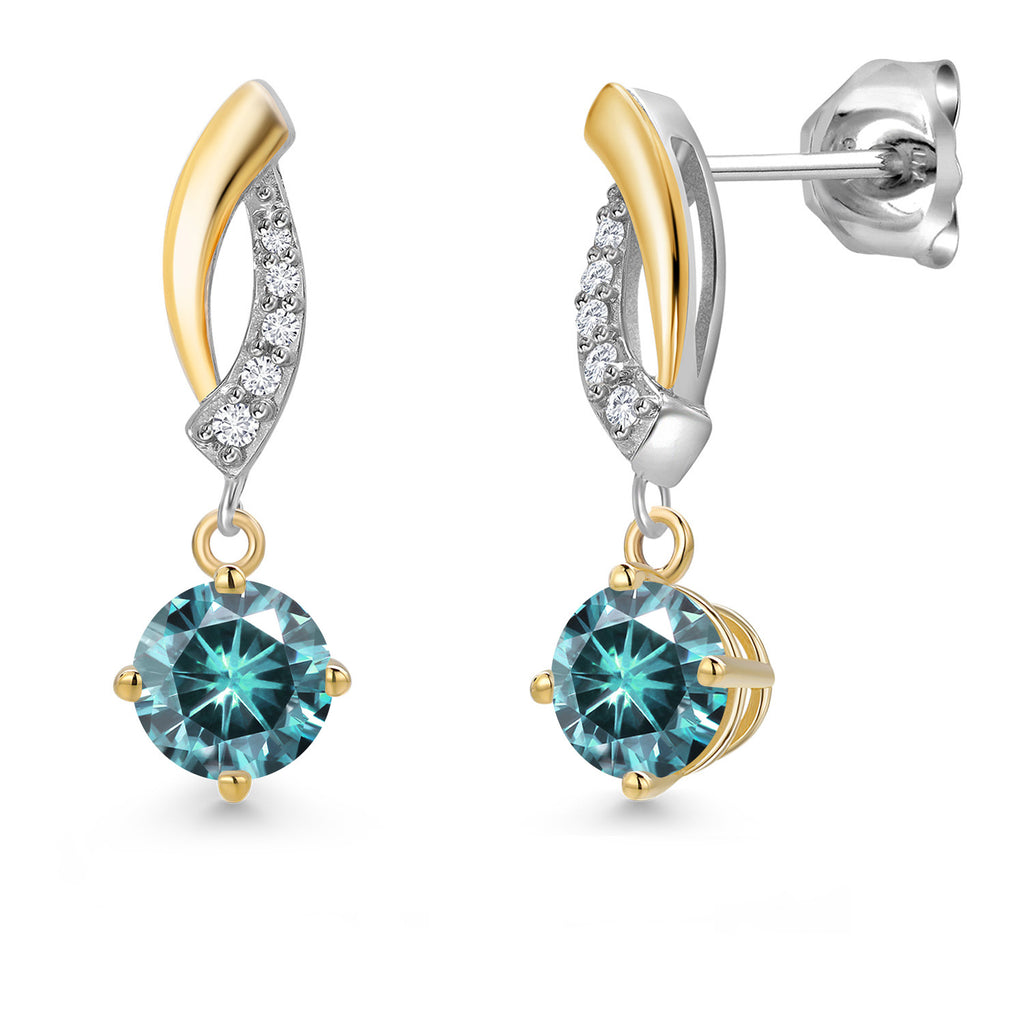 Blue Moissanite - April_Earrings in 925 Sterling Silver and 10K Yellow Gold