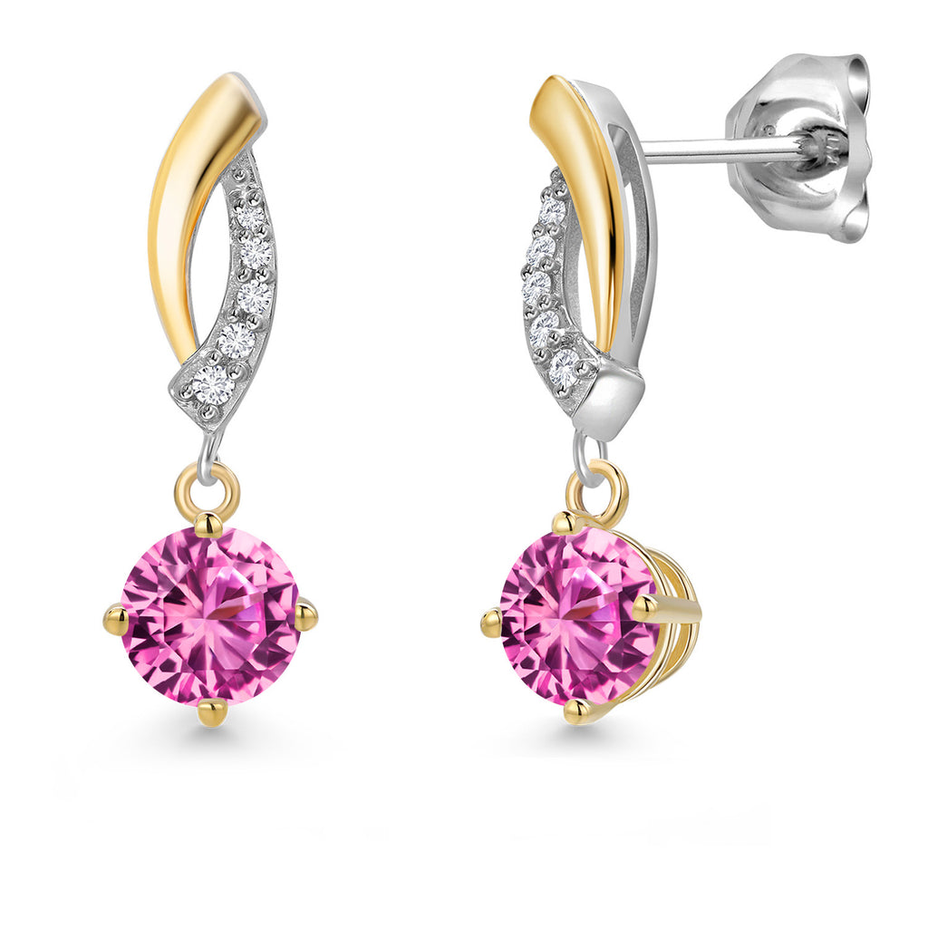 Pink Created Sapphire - September_Earrings in 925 Sterling Silver and 10K Yellow Gold
