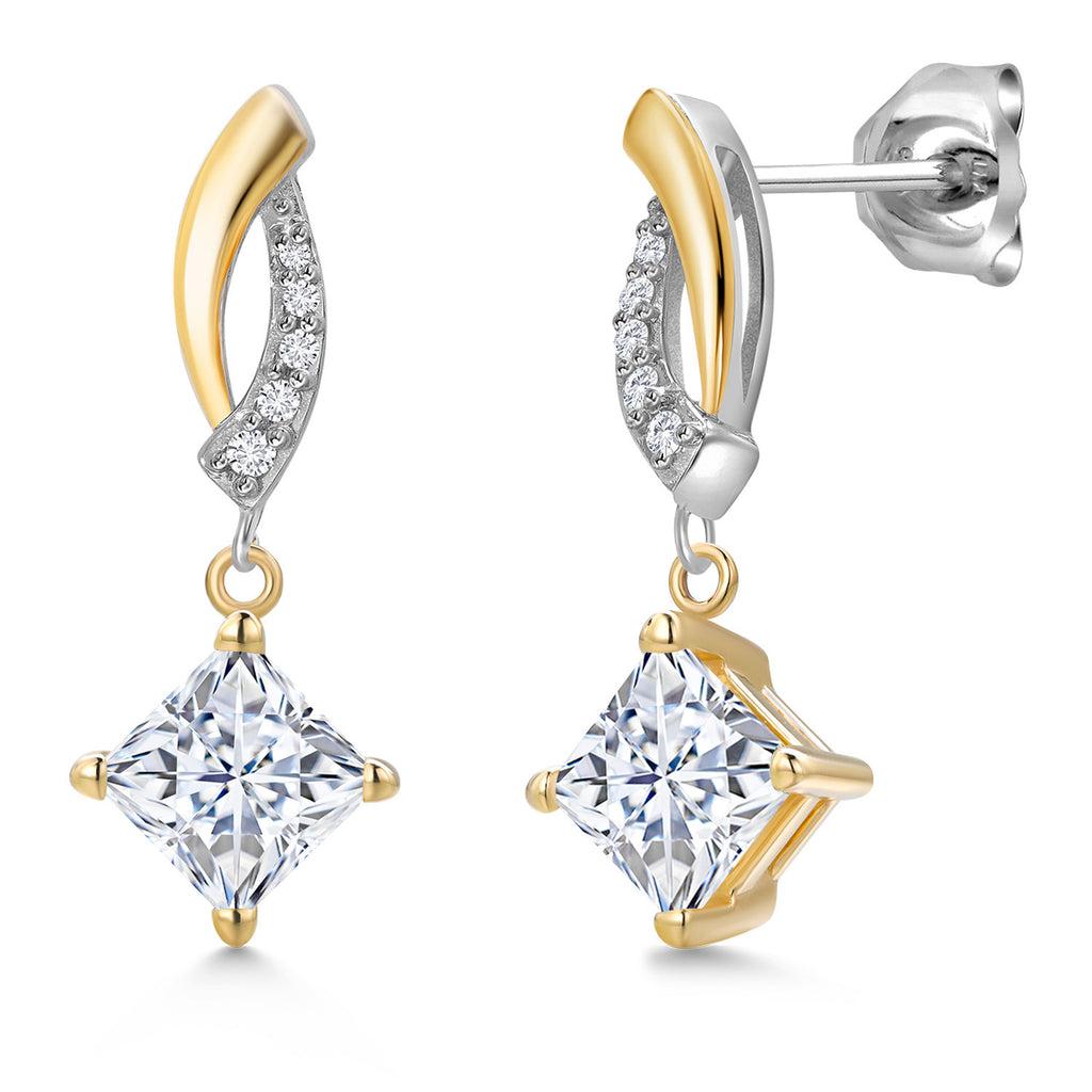 White Moissanite - April_Earrings in 925 Sterling Silver and 10K Yellow Gold