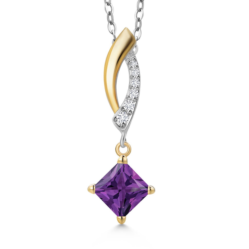 Gem Stone King 925 Silver and 10K Yellow Gold 5MM Princess Cut Gemstone Birthstone and White Lab Grown Diamond Pendant Necklace for Women | With 18 Inch Chain