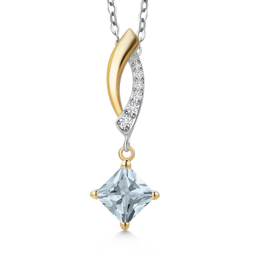 Gem Stone King 925 Silver and 10K Yellow Gold 5MM Princess Cut Gemstone Birthstone and White Lab Grown Diamond Pendant Necklace for Women | With 18 Inch Chain