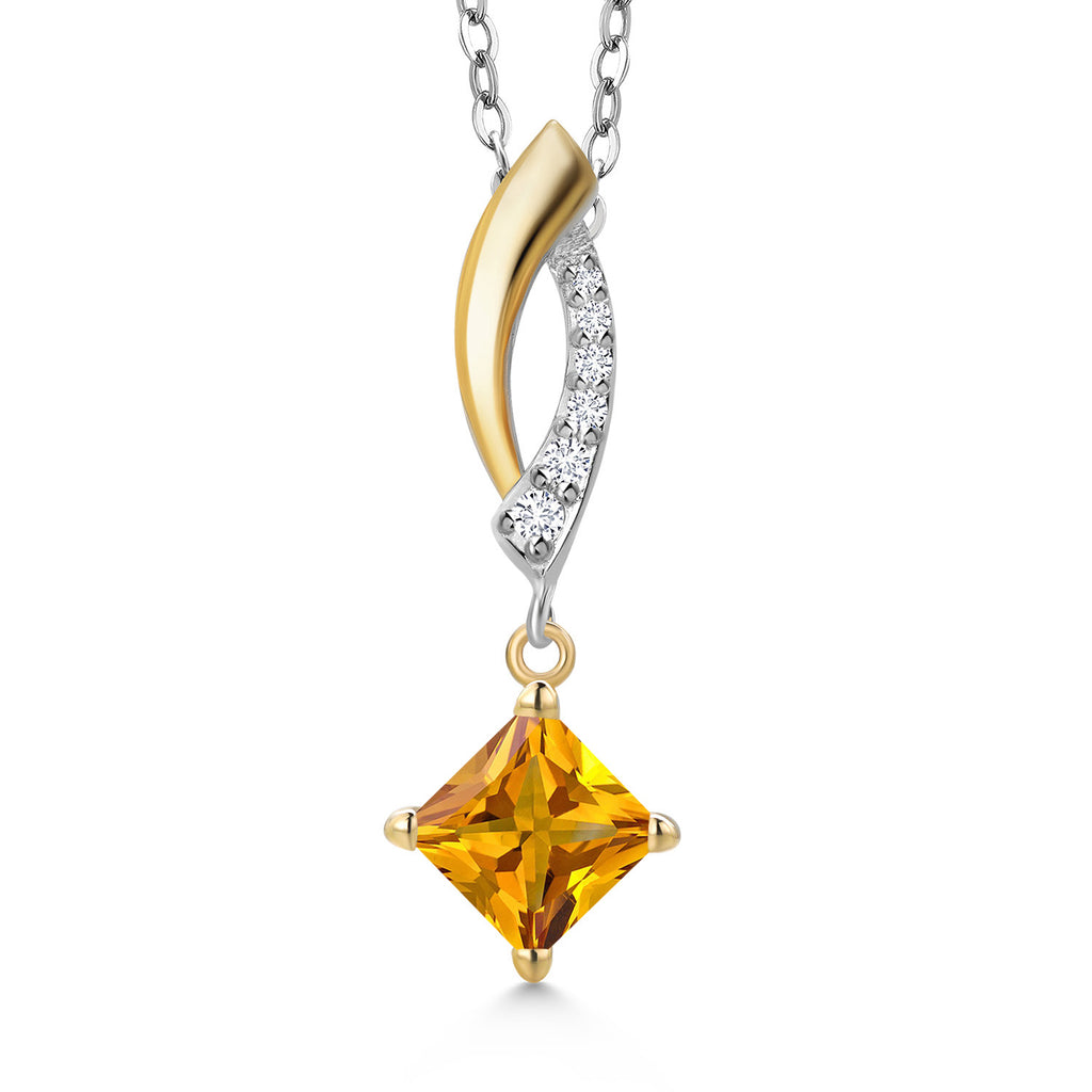 Gem Stone King 925 Silver and 10K Yellow Gold 5MM Princess Cut Gemstone Birthstone and White Lab Grown Diamond Pendant Necklace for Women | With 18 Inch Chain