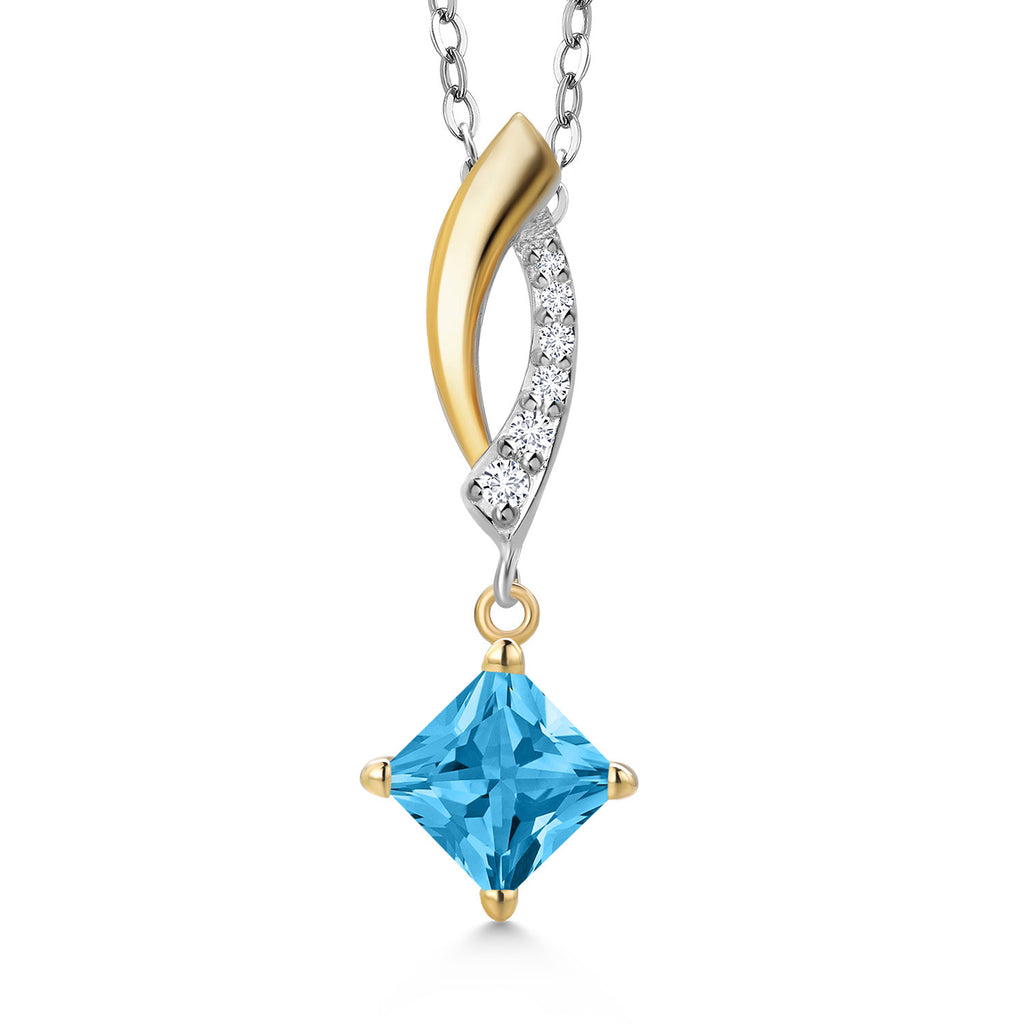 Gem Stone King 925 Silver and 10K Yellow Gold 5MM Princess Cut Gemstone Birthstone and White Lab Grown Diamond Pendant Necklace for Women | With 18 Inch Chain