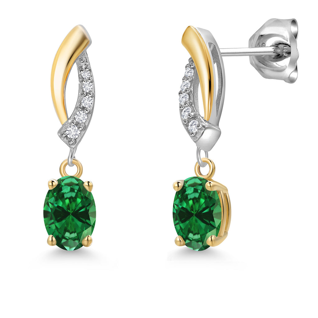 Green Created Emerald - May_Earrings in 925 Sterling Silver and 10K Yellow Gold