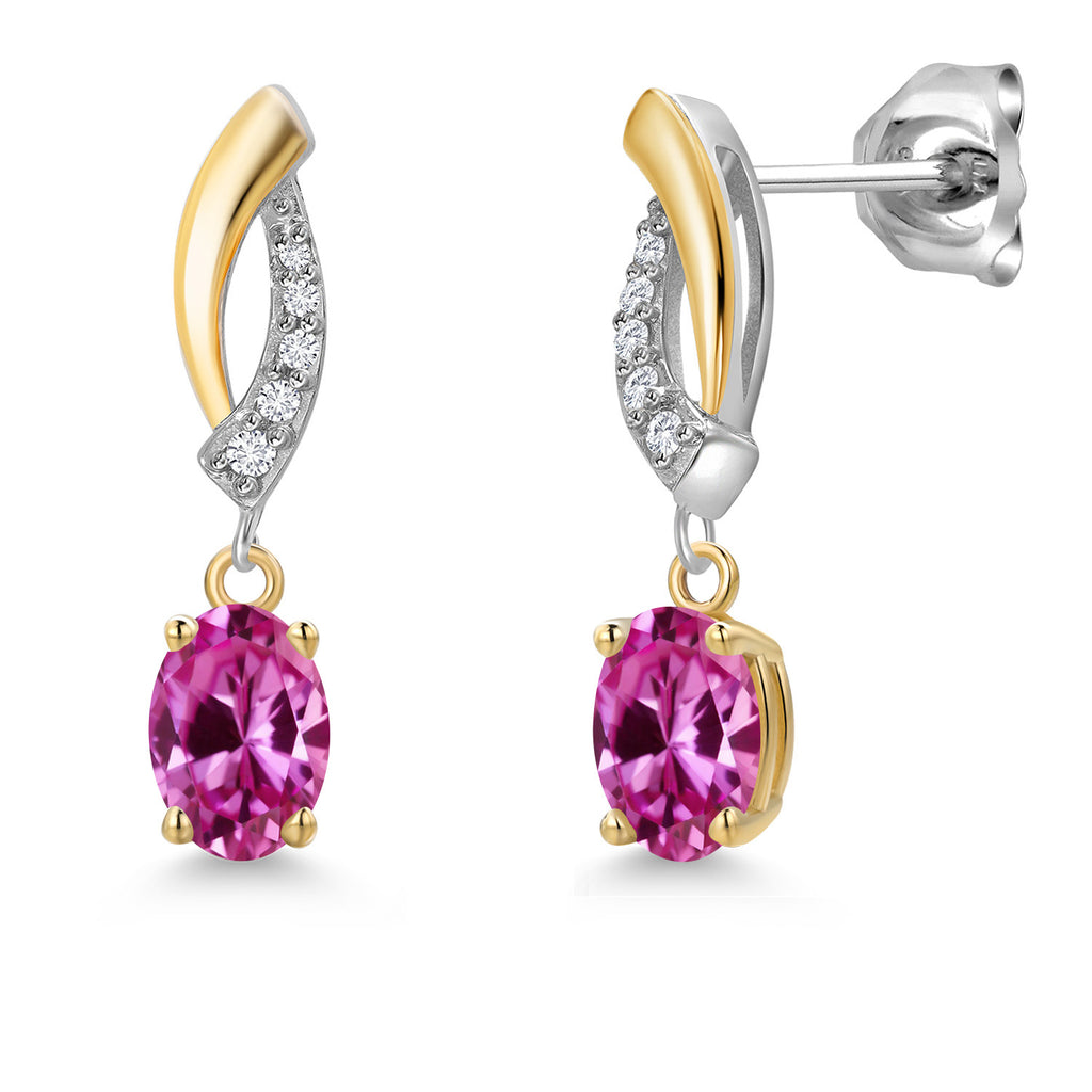 Pink Created Sapphire - September_Earrings in 925 Sterling Silver and 10K Yellow Gold