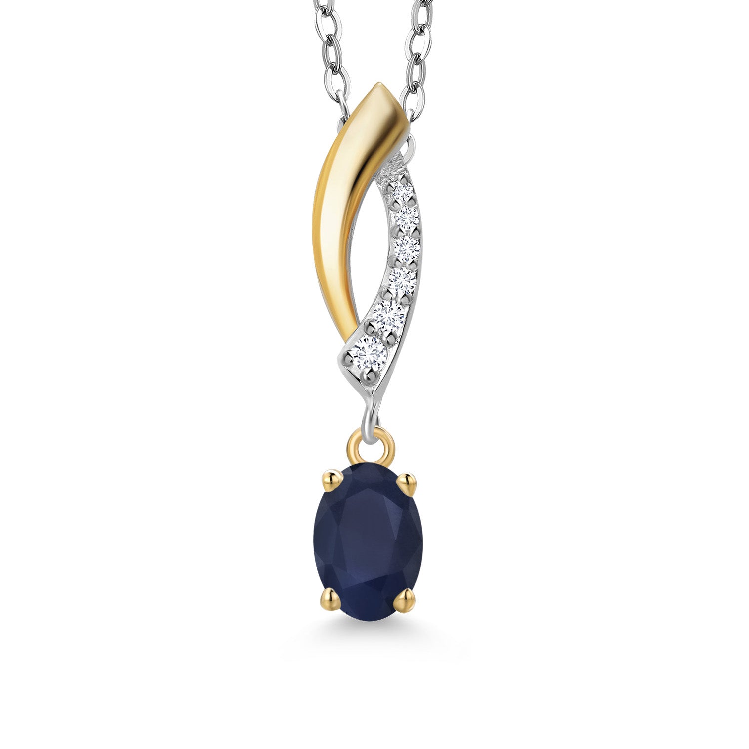 925 Silver and 10K Yellow Gold Blue Sapphire and White Lab Grown Diamond Pendant Necklace for Women | 0.59 Cttw | Gemstone September Birthstone | Oval 6X4MM | With 18 Inch Chain