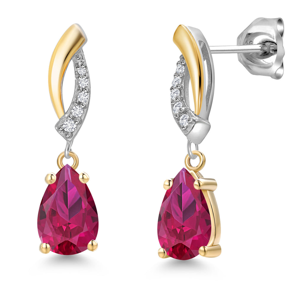 Created Ruby - July_Earrings in 925 Sterling Silver and 10K Yellow Gold