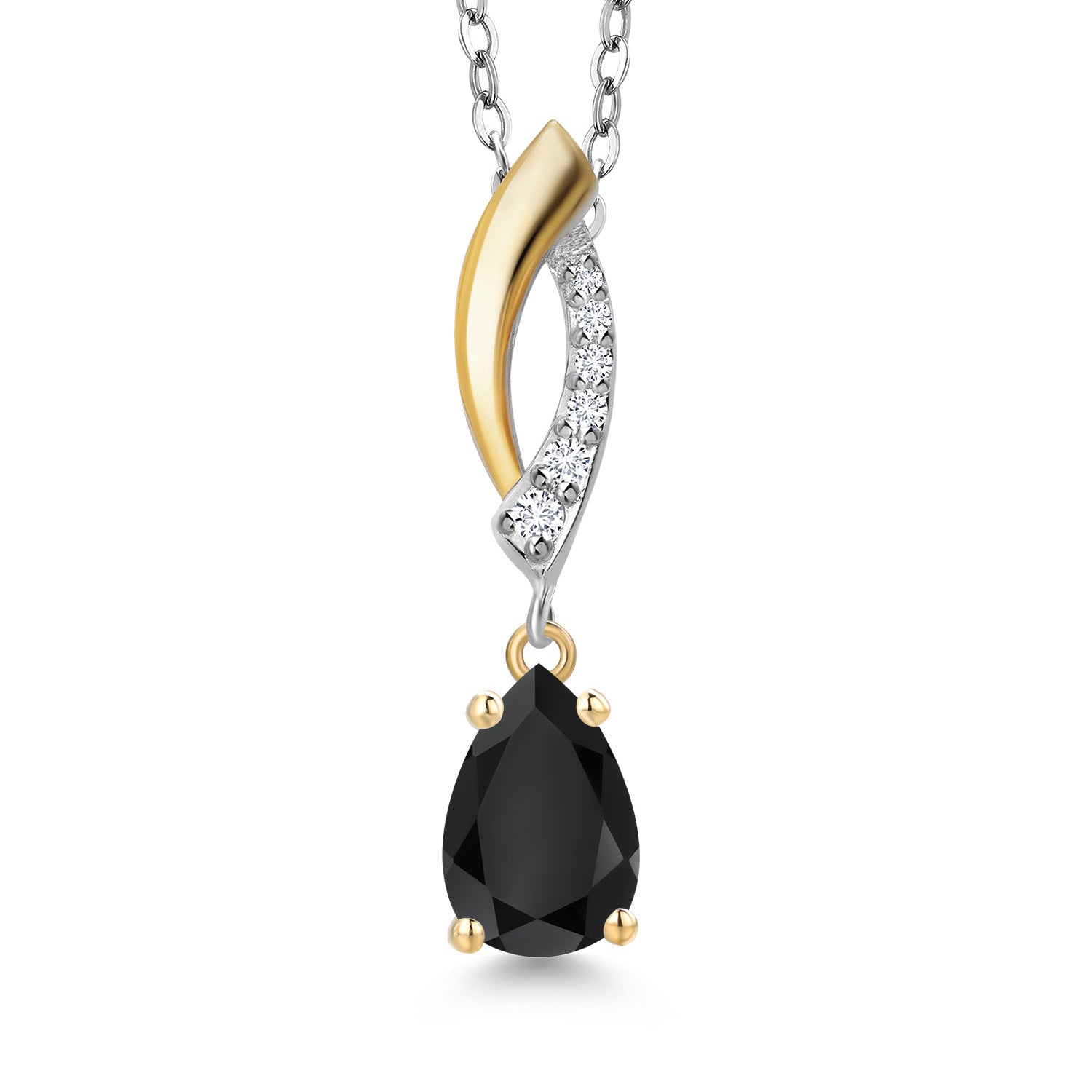 925 Silver and 10K Yellow Gold Black Onyx and White Lab Grown Diamond Pendant Necklace for Women | 0.88 Cttw | Gemstone December Birthstone | Pear Shape 8X5MM | With 18 Inch Chain