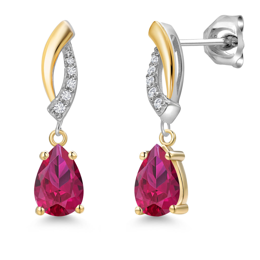 Created Ruby - July_Earrings in 925 Sterling Silver and 10K Yellow Gold