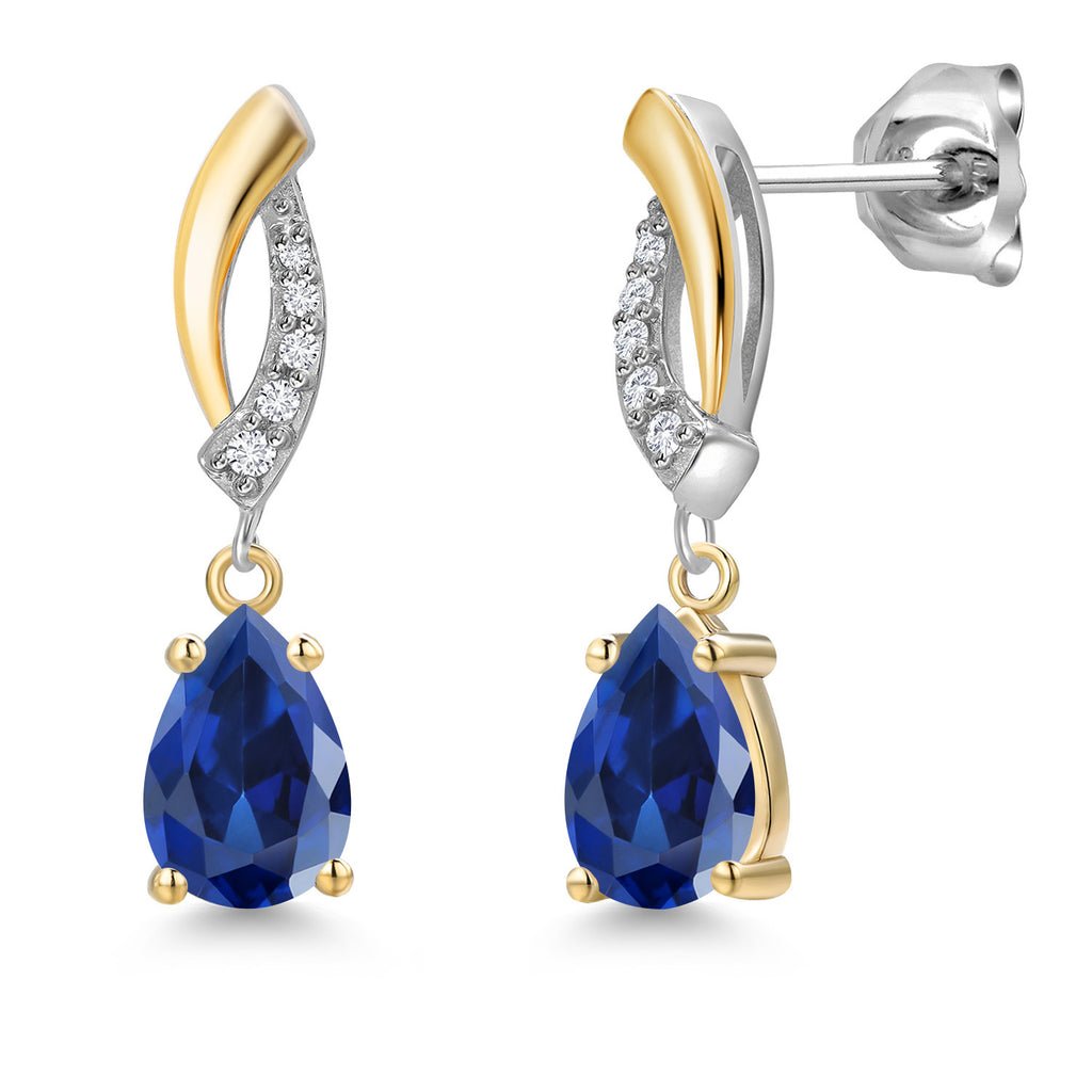 Blue Created Sapphire - September_Earrings in 925 Sterling Silver and 10K Yellow Gold