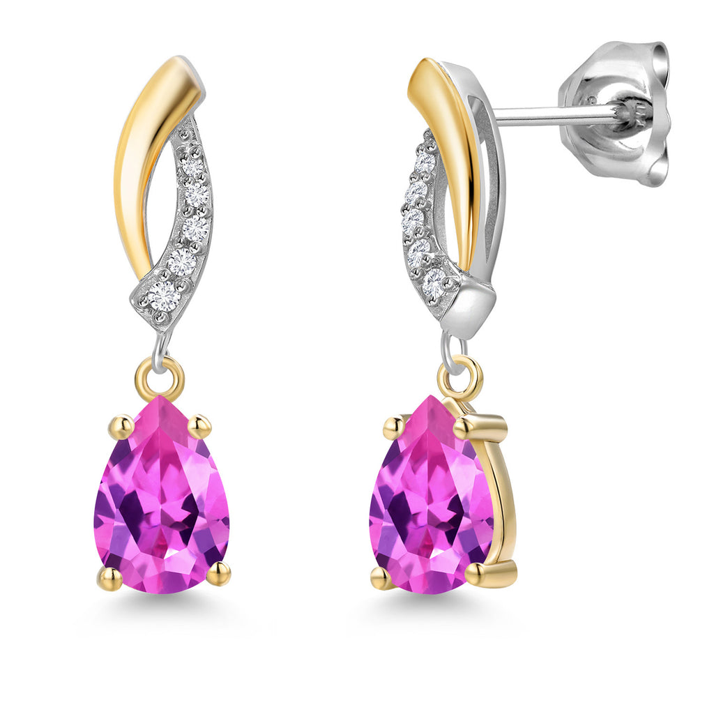Pink Created Sapphire - September_Earrings in 925 Sterling Silver and 10K Yellow Gold