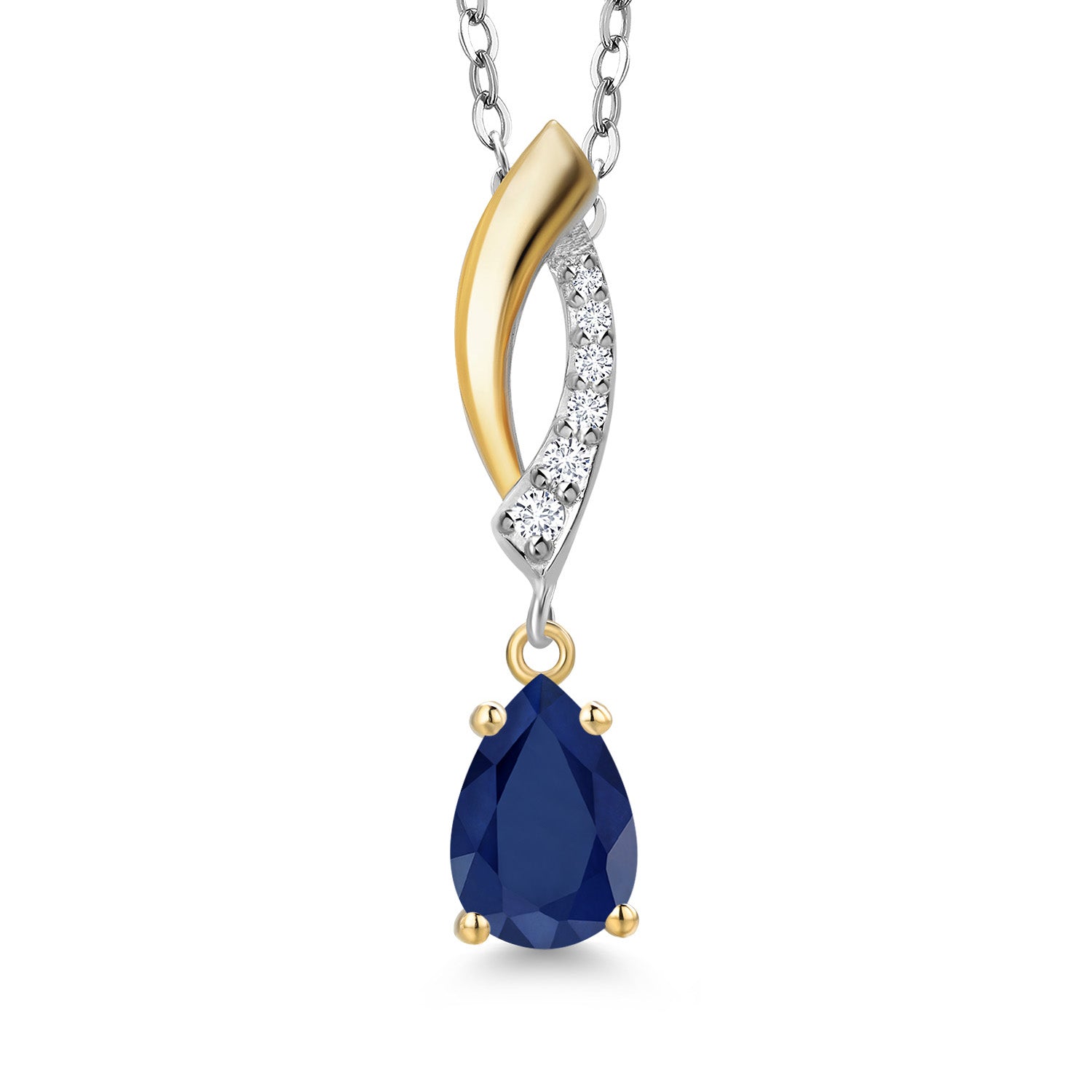 925 Silver and 10K Yellow Gold Blue Sapphire and White Lab Grown Diamond Pendant Necklace for Women | 0.92 Cttw | Gemstone September Birthstone | Pear Shape 7X5MM | With 18 Inch Chain