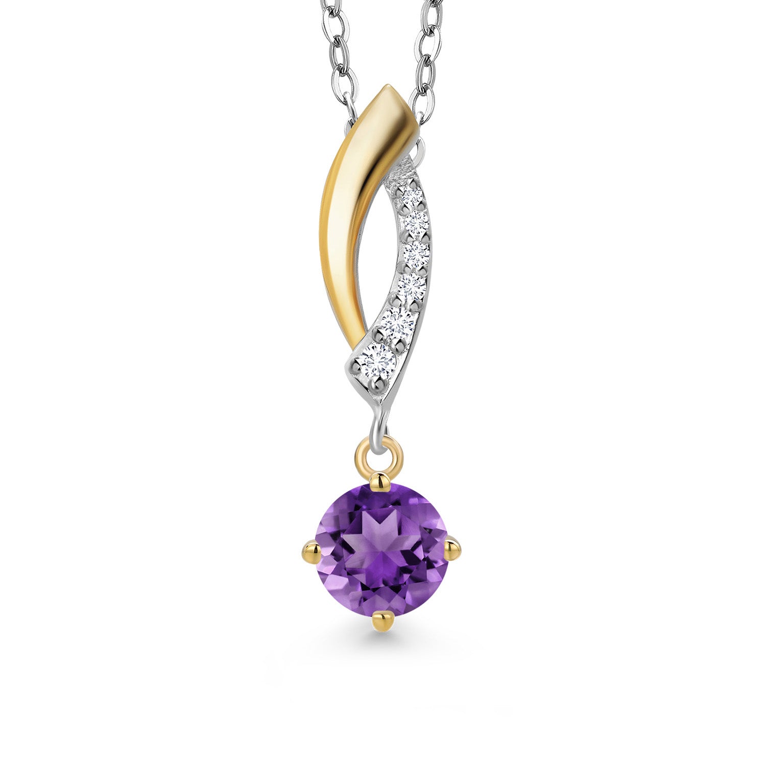 925 Silver and 10K Yellow Gold Purple Amethyst and White Lab Grown Diamond Pendant Necklace for Women | 0.36 Cttw | Gemstone February Birthstone | Round 4.5MM | With 18 Inch Chain