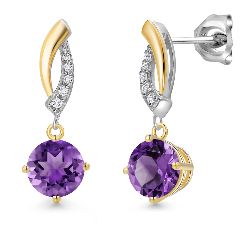 Gem Stone King Round Dangle Earrings for Women | 925 Silver and 10K Yellow Gold | 6MM Round Gemstone Birthstone and Lab Grown Diamond | Fine Jewelry for Her Mom Wife