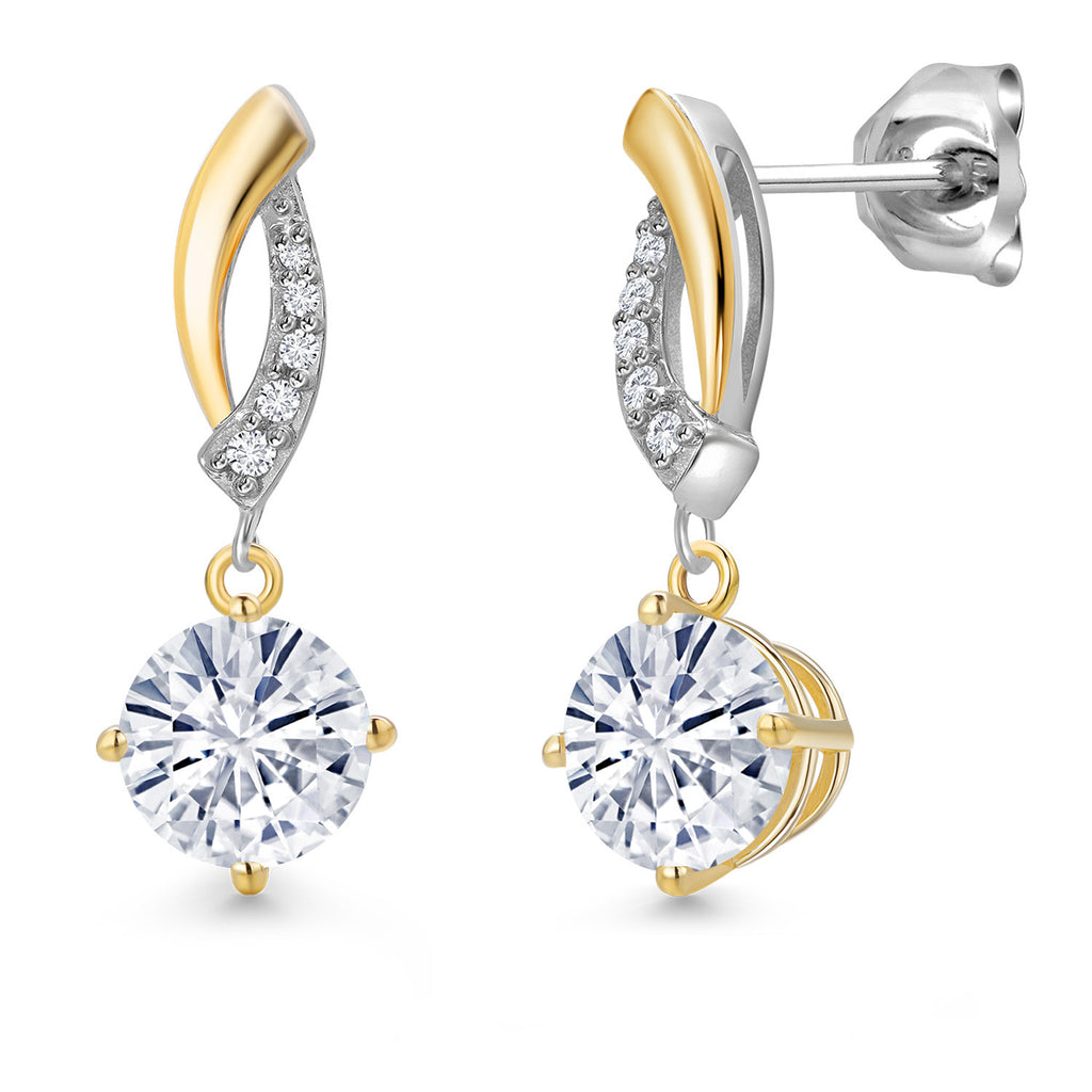 Gem Stone King Round Dangle Earrings for Women | 925 Silver and 10K Yellow Gold | 6MM Round Gemstone Birthstone and Lab Grown Diamond | Fine Jewelry for Her Mom Wife