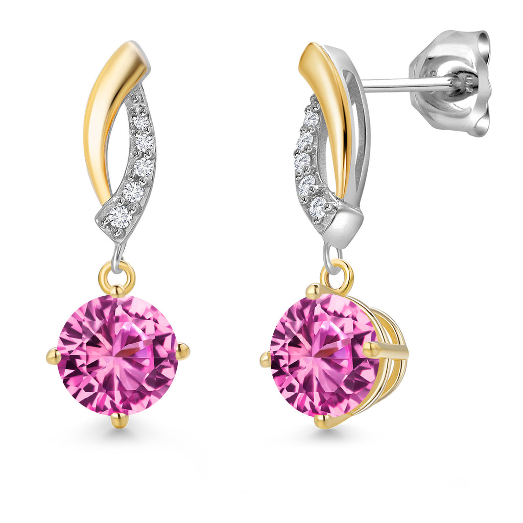 Gem Stone King Round Dangle Earrings for Women | 925 Silver and 10K Yellow Gold | 6MM Round Gemstone Birthstone and Lab Grown Diamond | Fine Jewelry for Her Mom Wife