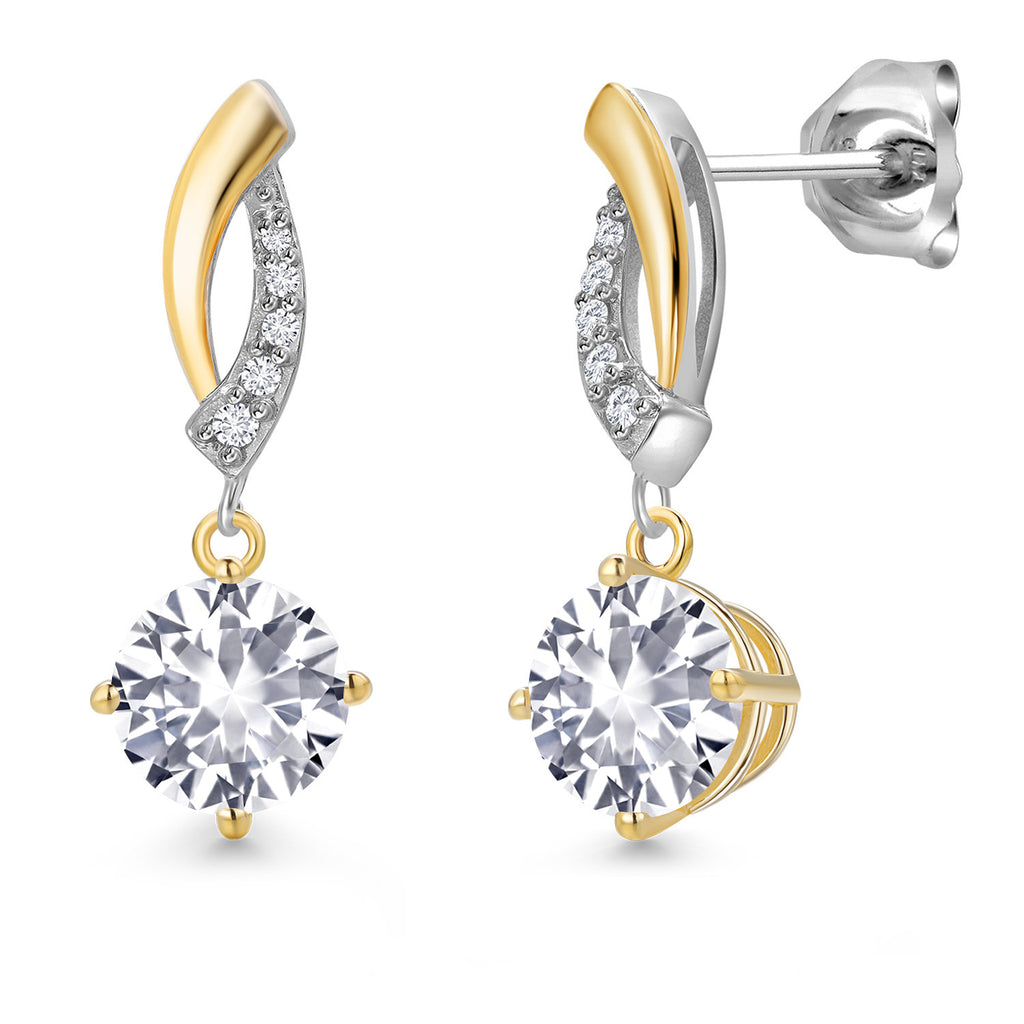 Gem Stone King Round Dangle Earrings for Women | 925 Silver and 10K Yellow Gold | 6MM Round Gemstone Birthstone and Lab Grown Diamond | Fine Jewelry for Her Mom Wife