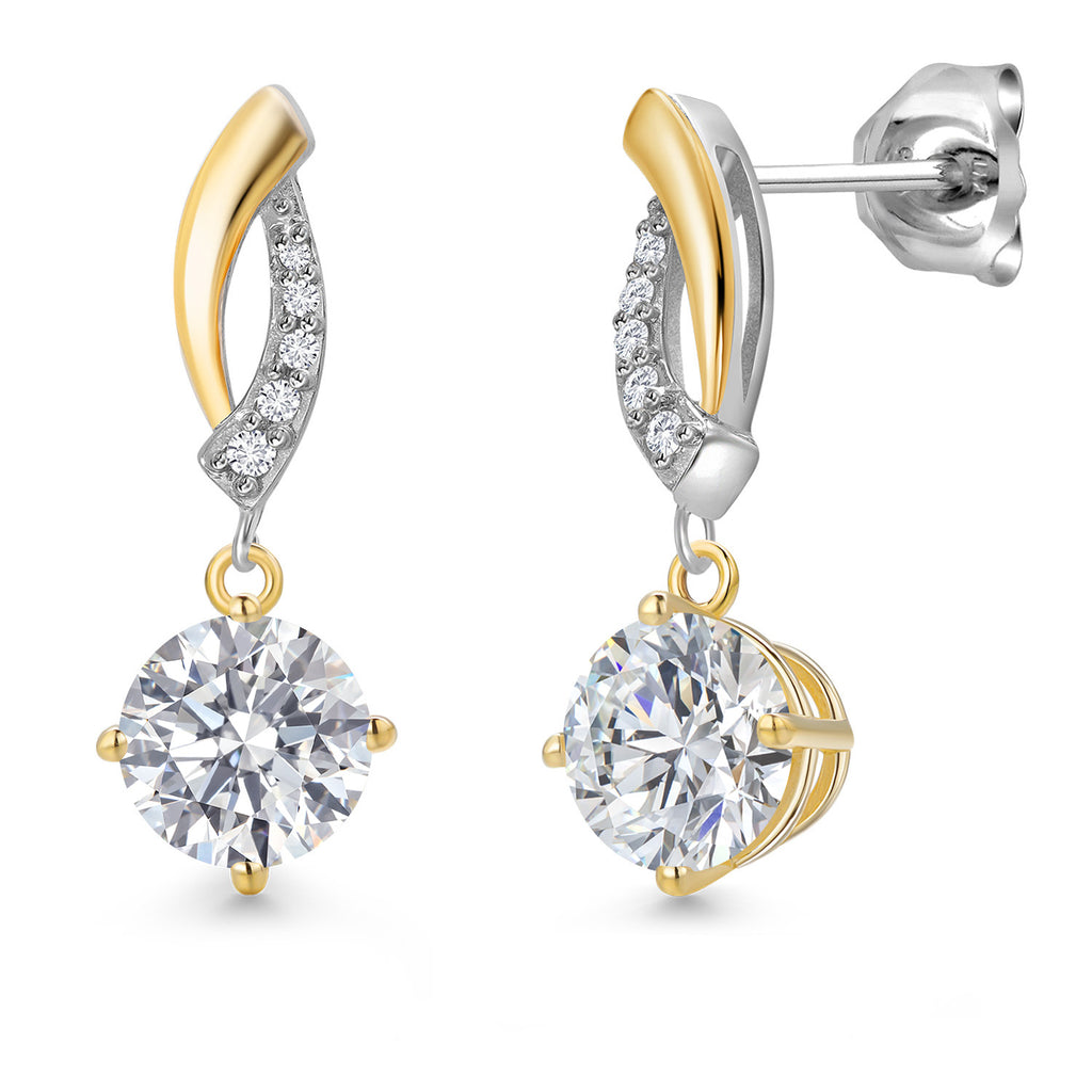 Gem Stone King Round Dangle Earrings for Women | 925 Silver and 10K Yellow Gold | 6MM Round Gemstone Birthstone and Lab Grown Diamond | Fine Jewelry for Her Mom Wife