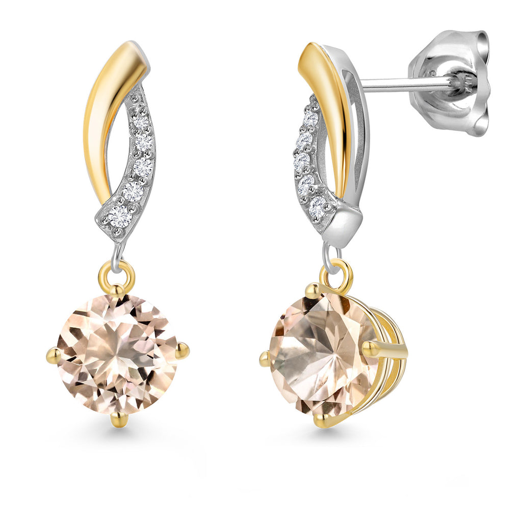 Gem Stone King Round Dangle Earrings for Women | 925 Silver and 10K Yellow Gold | 6MM Round Gemstone Birthstone and Lab Grown Diamond | Fine Jewelry for Her Mom Wife