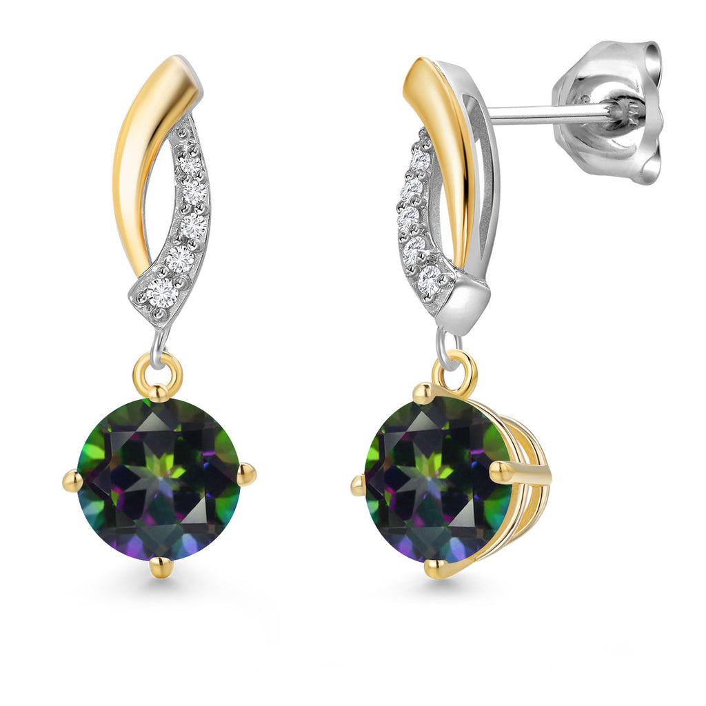 Gem Stone King Round Dangle Earrings for Women | 925 Silver and 10K Yellow Gold | 6MM Round Gemstone Birthstone and Lab Grown Diamond | Fine Jewelry for Her Mom Wife