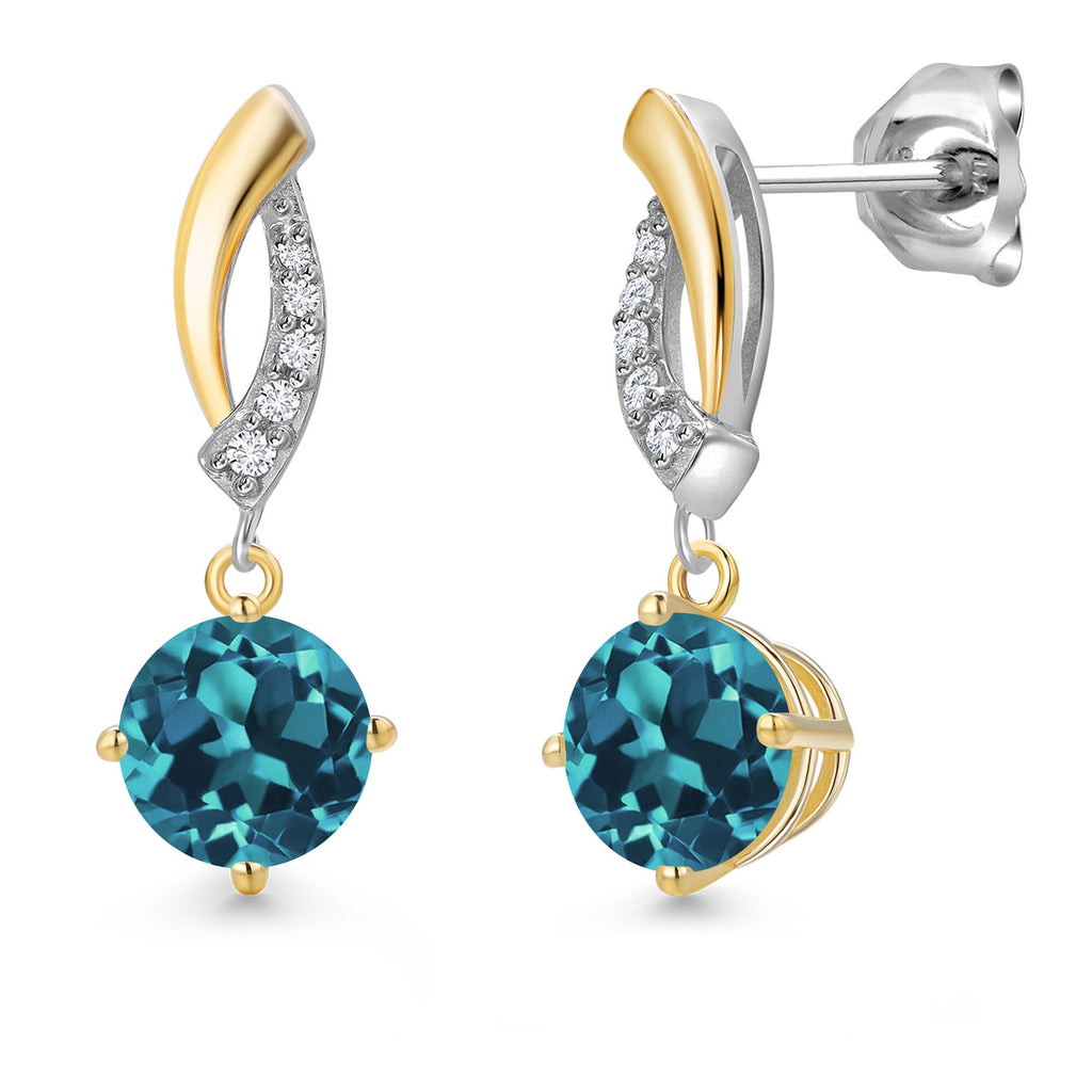 Gem Stone King Round Dangle Earrings for Women | 925 Silver and 10K Yellow Gold | 6MM Round Gemstone Birthstone and Lab Grown Diamond | Fine Jewelry for Her Mom Wife