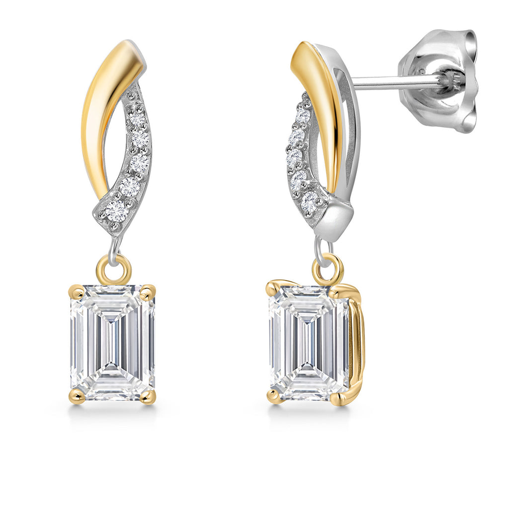 Gem Stone King 925 Silver and 10K Yellow Gold 6X4MM Emerald Cut Gemstone Birthstone and White Lab Grown Diamond Dangle Earrings for Women