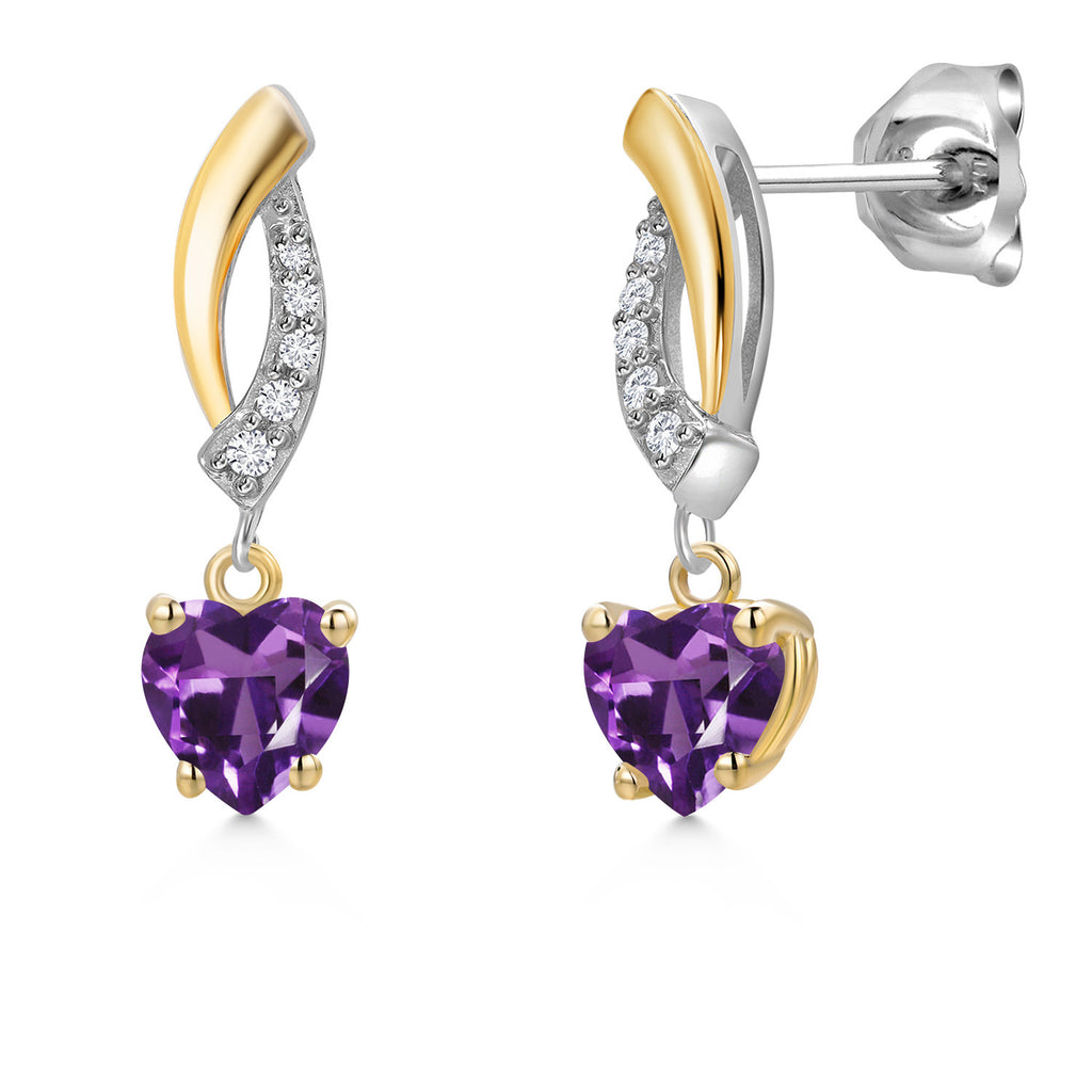 Gem Stone King 2-Tone Dangle Earrings for Women | 925 Silver and 10K Yellow Gold | 5MM Heart Shape Gemstone Birthstone with Lab Grown Diamond Accents | Jewelry Gifts