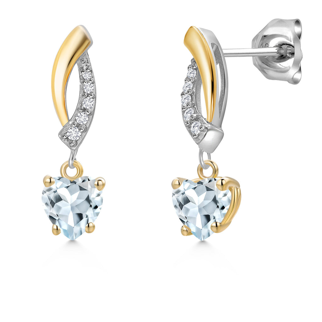 Gem Stone King 2-Tone Dangle Earrings for Women | 925 Silver and 10K Yellow Gold | 5MM Heart Shape Gemstone Birthstone with Lab Grown Diamond Accents | Jewelry Gifts