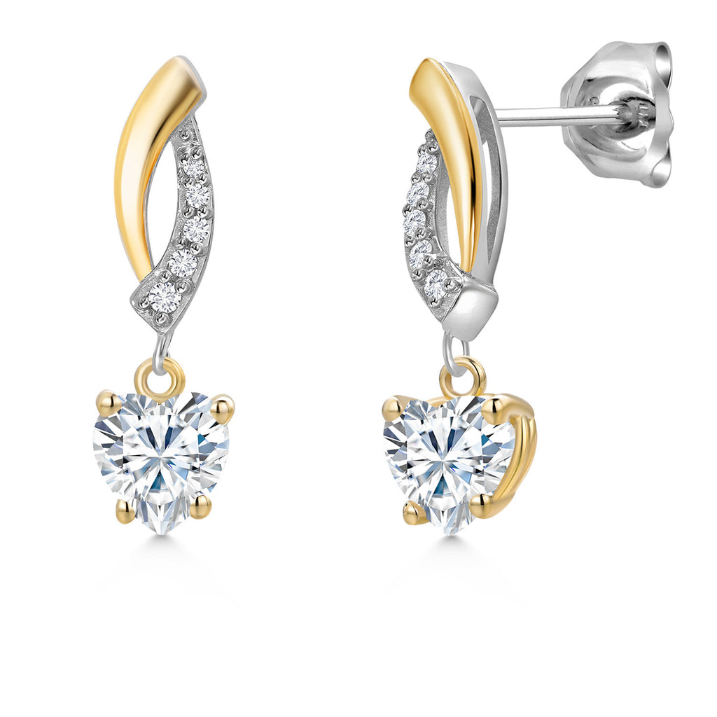 Gem Stone King 2-Tone Dangle Earrings for Women | 925 Silver and 10K Yellow Gold | 5MM Heart Shape Gemstone Birthstone with Lab Grown Diamond Accents | Jewelry Gifts