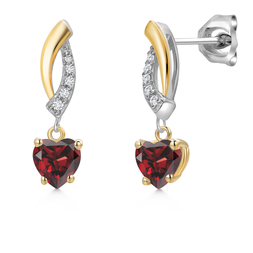 Gem Stone King 2-Tone Dangle Earrings for Women | 925 Silver and 10K Yellow Gold | 5MM Heart Shape Gemstone Birthstone with Lab Grown Diamond Accents | Jewelry Gifts