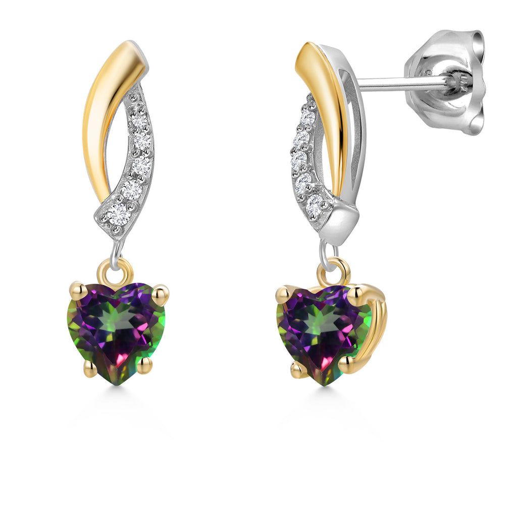 Gem Stone King 2-Tone Dangle Earrings for Women | 925 Silver and 10K Yellow Gold | 5MM Heart Shape Gemstone Birthstone with Lab Grown Diamond Accents | Jewelry Gifts