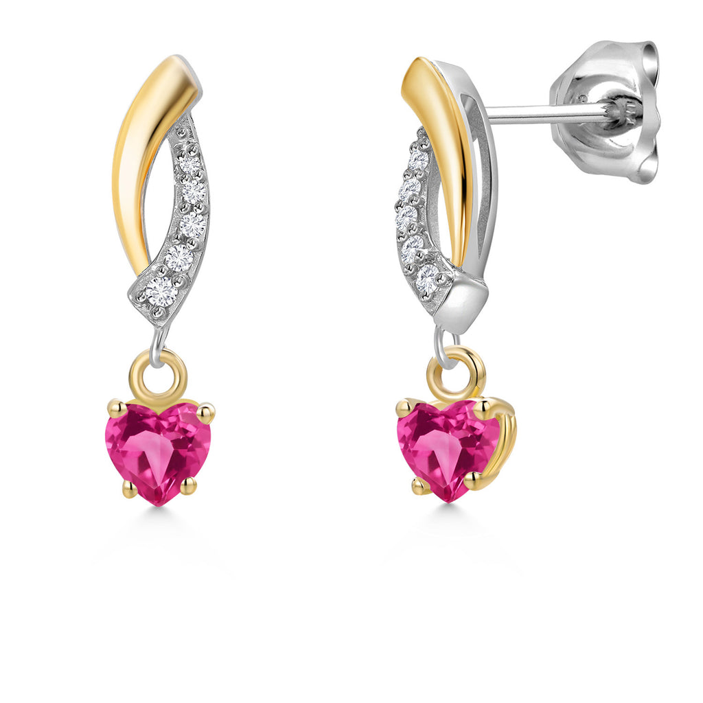Pink Created Sapphire - September_Earrings in 925 Sterling Silver and 10K Yellow Gold